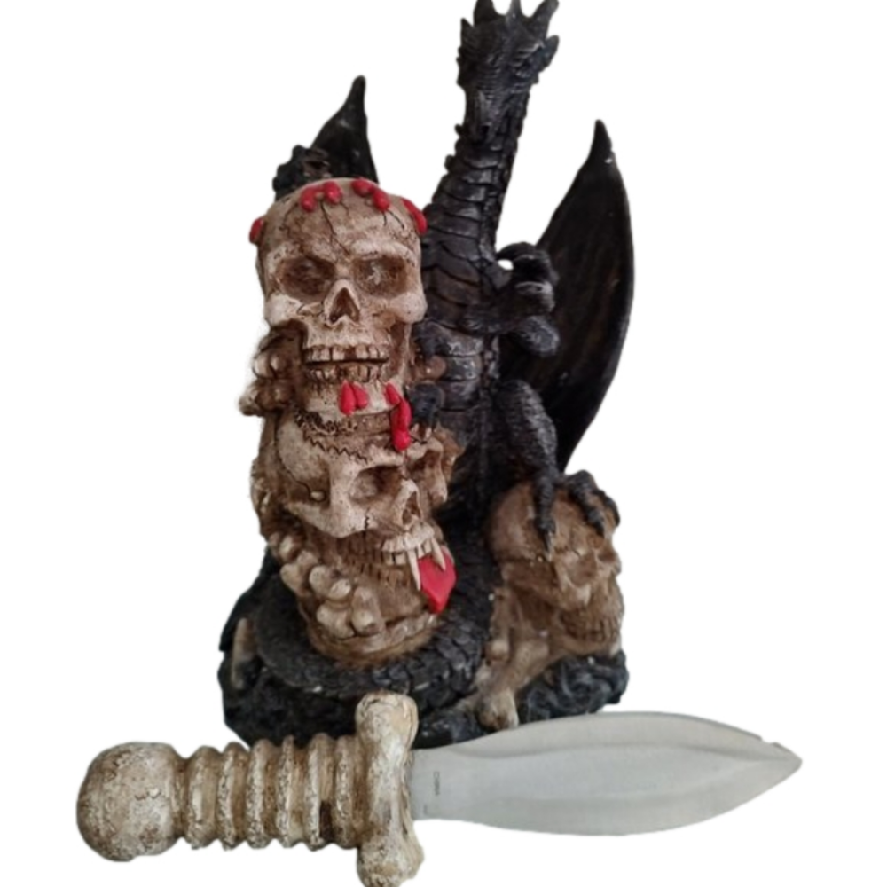 Unique Skull Handled Knife with Black Dragons